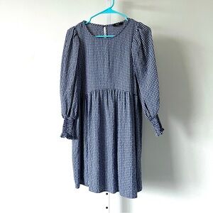 George Blue and White Checkered Puff-Sleeve Dress